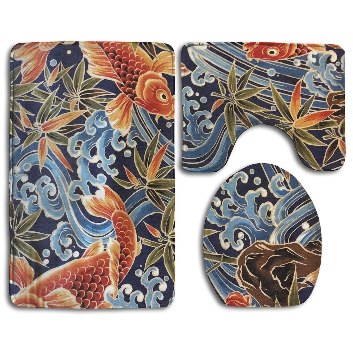 GOHAO Fish Koi Art 3 Piece Bathroom Rugs Set Bath Rug Contour Mat and