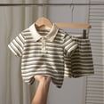 thumbnail image 2 of QUTOAY Toddler Boy Outfits Striped Knit Button Short Sleeve T-Shirt and Shorts Two Piece Playwear for Kids Cute Outfits 02_Khaki,4Y, 2 of 7