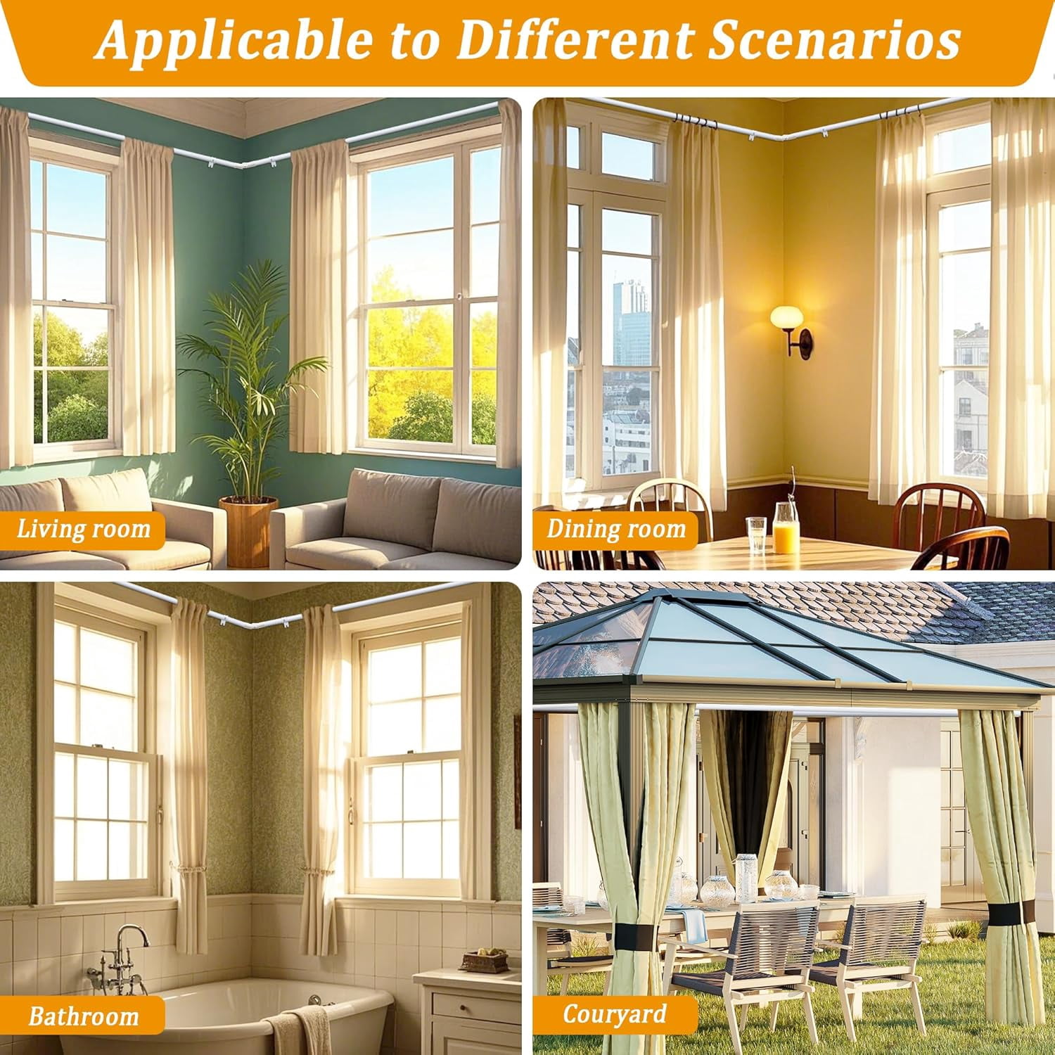 SOUMNS 1" White Bay Window Curtain Rods, 30" -136"Tecescoping Corner Curtain Rods（2 sides） for Bedroom
