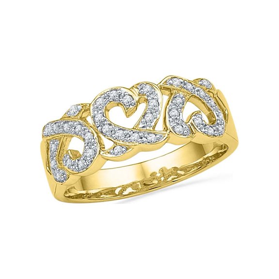Diamond Princess 10kt Yellow Gold Womens Round Diamond Triple Heart Band Ring 1/5 Cttw