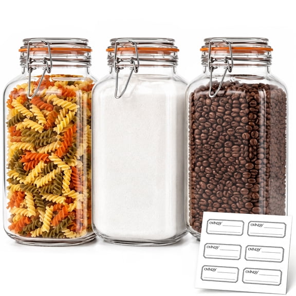 OVINESY 3-Pack Glass Food Storage Jars with Airtight Lids, 78oz Large Canisters for Flour, Sugar, Coffee, Pasta, Extra Wide Mouth Containers for Kitchen & Pantry Organization, Clear Glass with Labels
