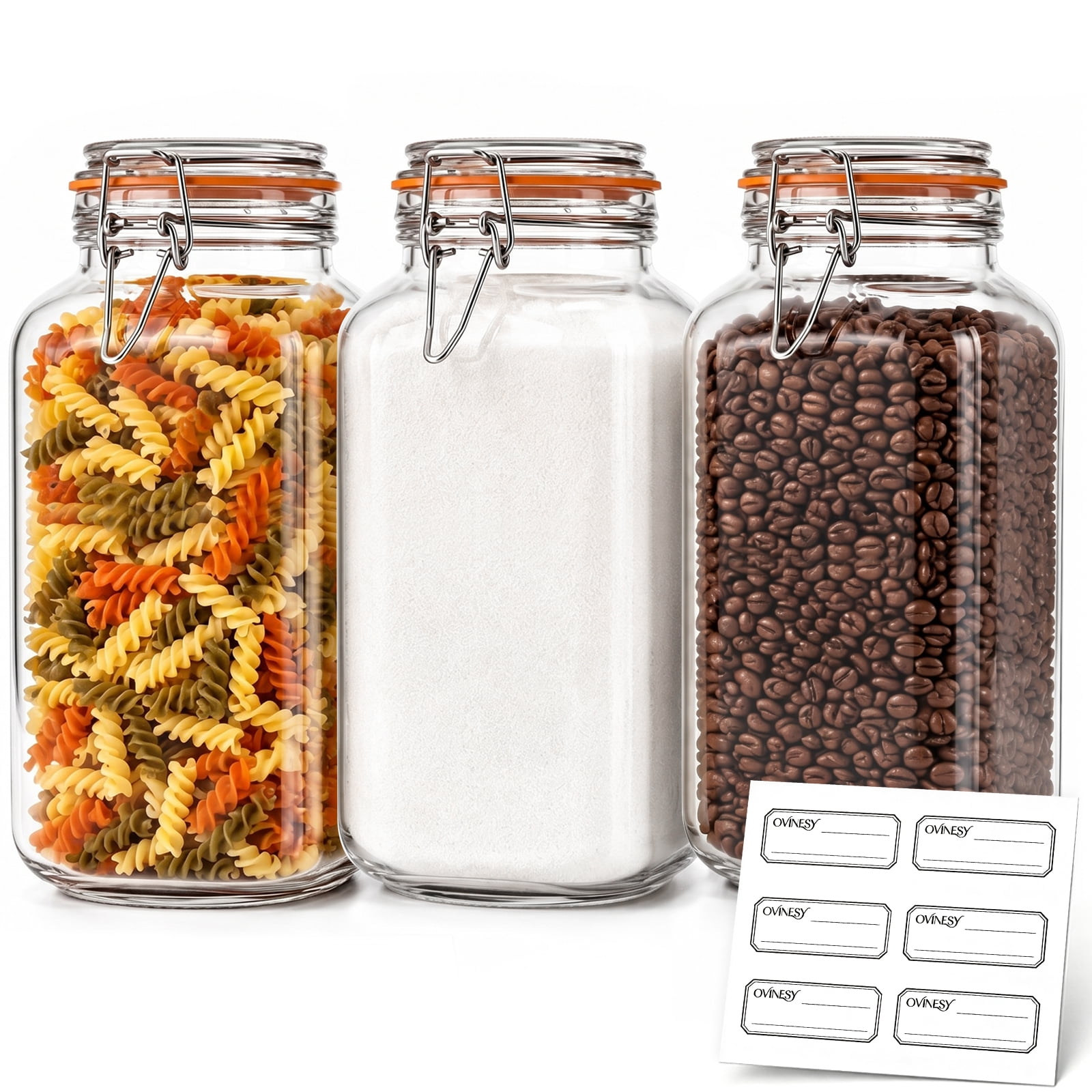 OVINESY 3-Pack Glass Food Storage Jars with Airtight Lids, 78oz Large Canisters for Flour, Sugar, Coffee, Pasta, Extra Wide Mouth Containers for Kitchen & Pantry Organization, Clear Glass with Labels