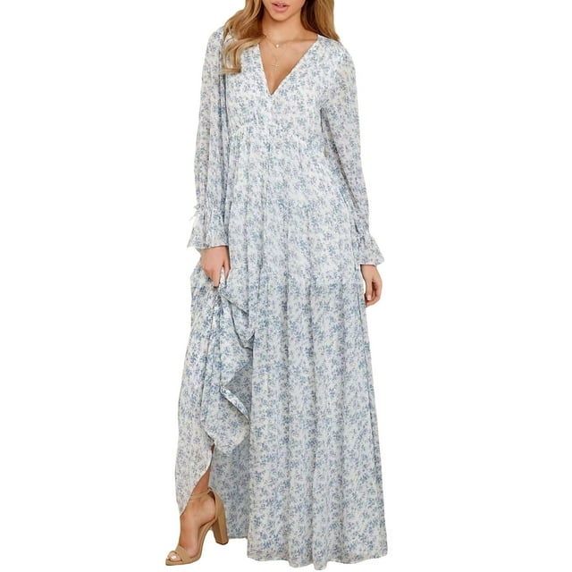 Diconna Women's Flower Print Long Dress Ruffled Long Sleeve V-Neck Slit A-Line Flowy Dress for Beach, Party