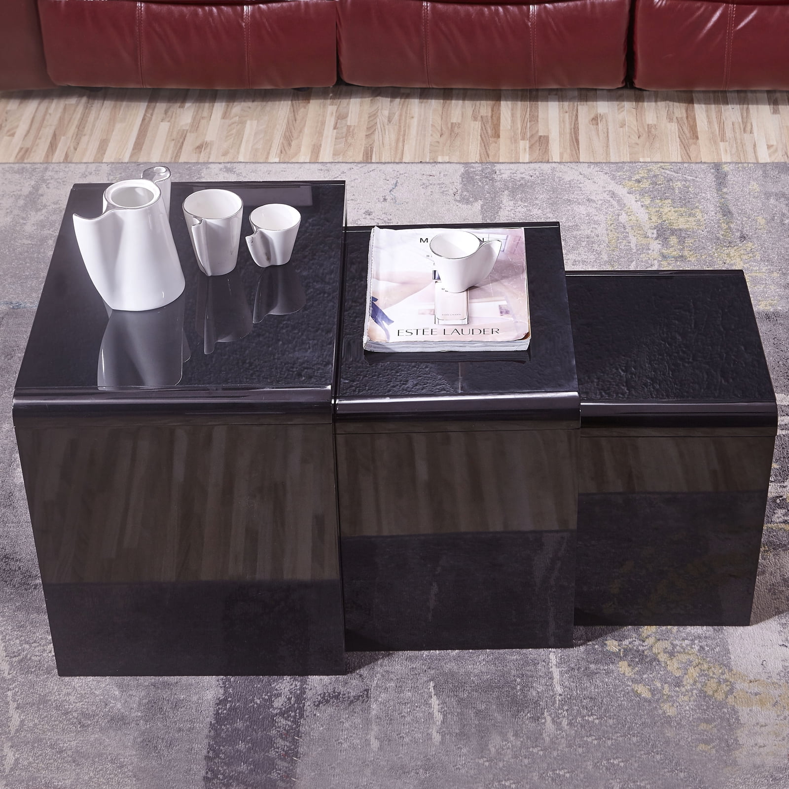 Nest of 3 Black Coffee Table Side End Table High Gloss W/Glass Living