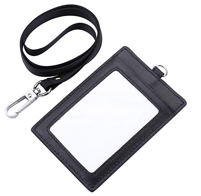 ID Passport Card Holder Name Tag Retractable Badge Black Leather Clip Work New 