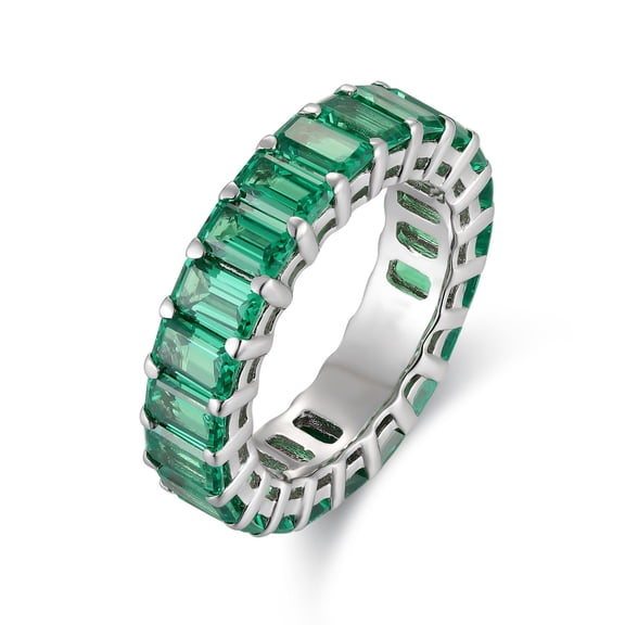 Emerald Shape Lab Created Emerald Full Eternity Wedding Band Ring for Women in 925 Sterling Silver – Green Gemstone Anniversary Ring, Engagement Jewelry & Christmas Gift for Her