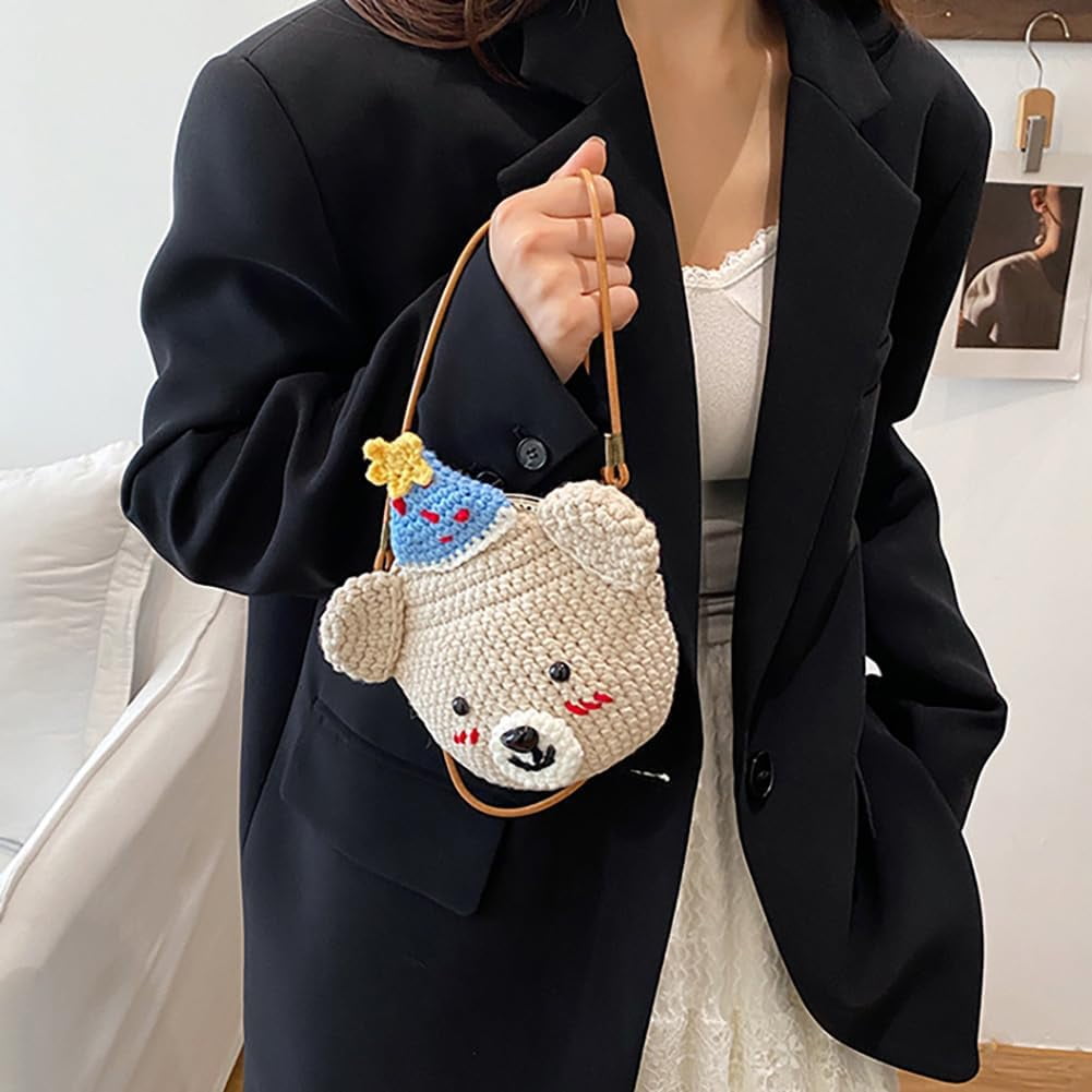 Baguery Handmade Crochet Party Hat Bear Crossbody Bag - Cute Knitted Animal Purse with Metal Frame, Mini Shoulder Bag for Women