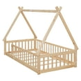thumbnail image 5 of Twin Tent Floor Bed - Natural Pine Wood Teepee Bed Frame, Twin Size w/ Guardrails &amp; Slats, Bedroom Furniture, Easy Assembly, 5 of 16