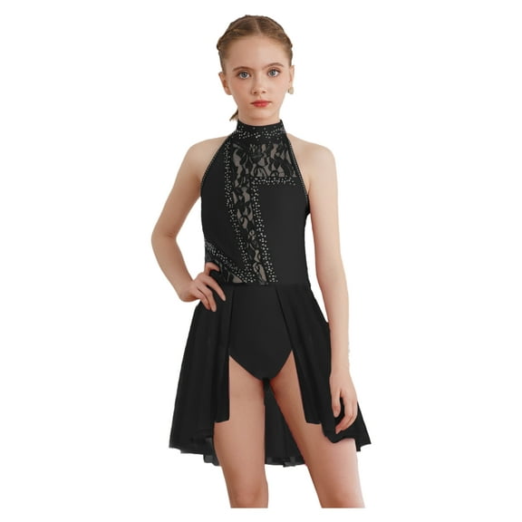 YiZYiF Kids Girls Floral Lace Rhinestones Lyrical Dance Leotard with Skirt Figure Skating Dress Black 12