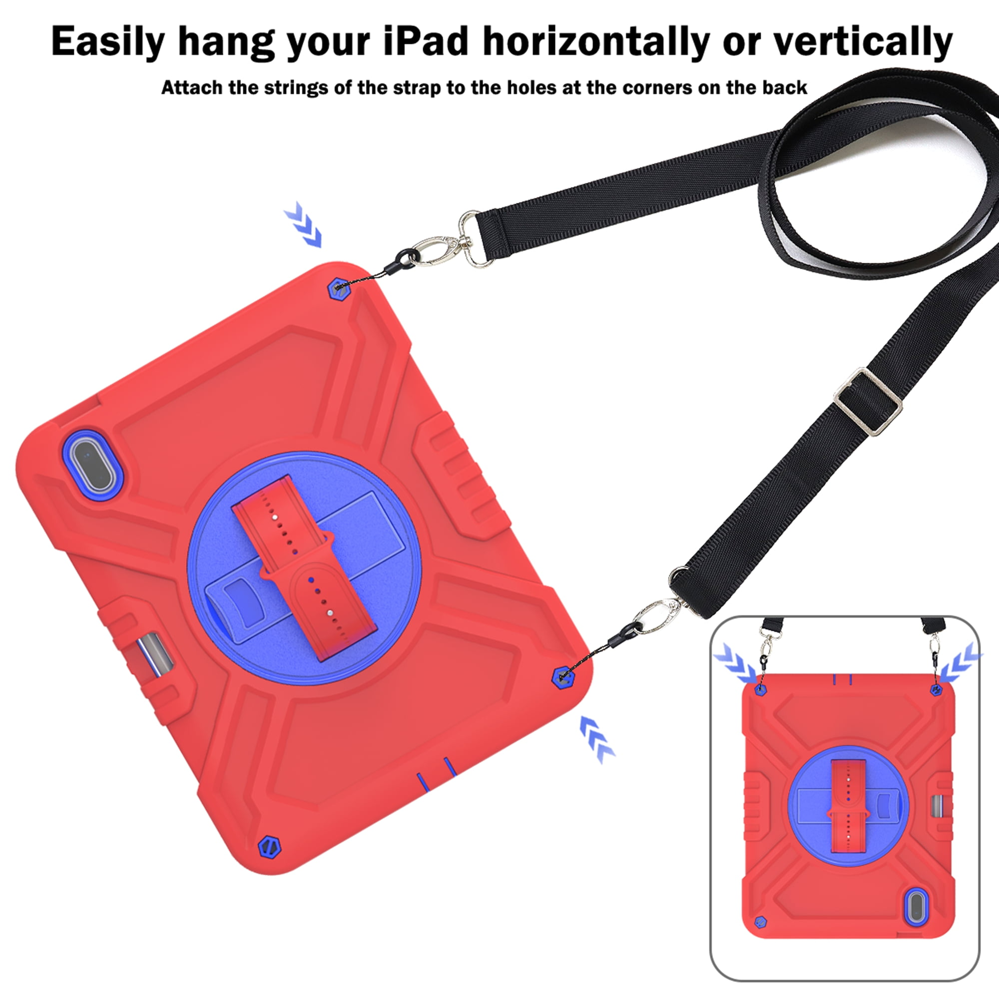 Dteck Kids Case for iPad 10th Generation Case 2022, Military Grade Shockproof Rugged Cover for iPad 10th Gen 10.9 Inch with 360° Swivel Stand - Handle - Shoulder Strap - Pencil Holder,Red Blue