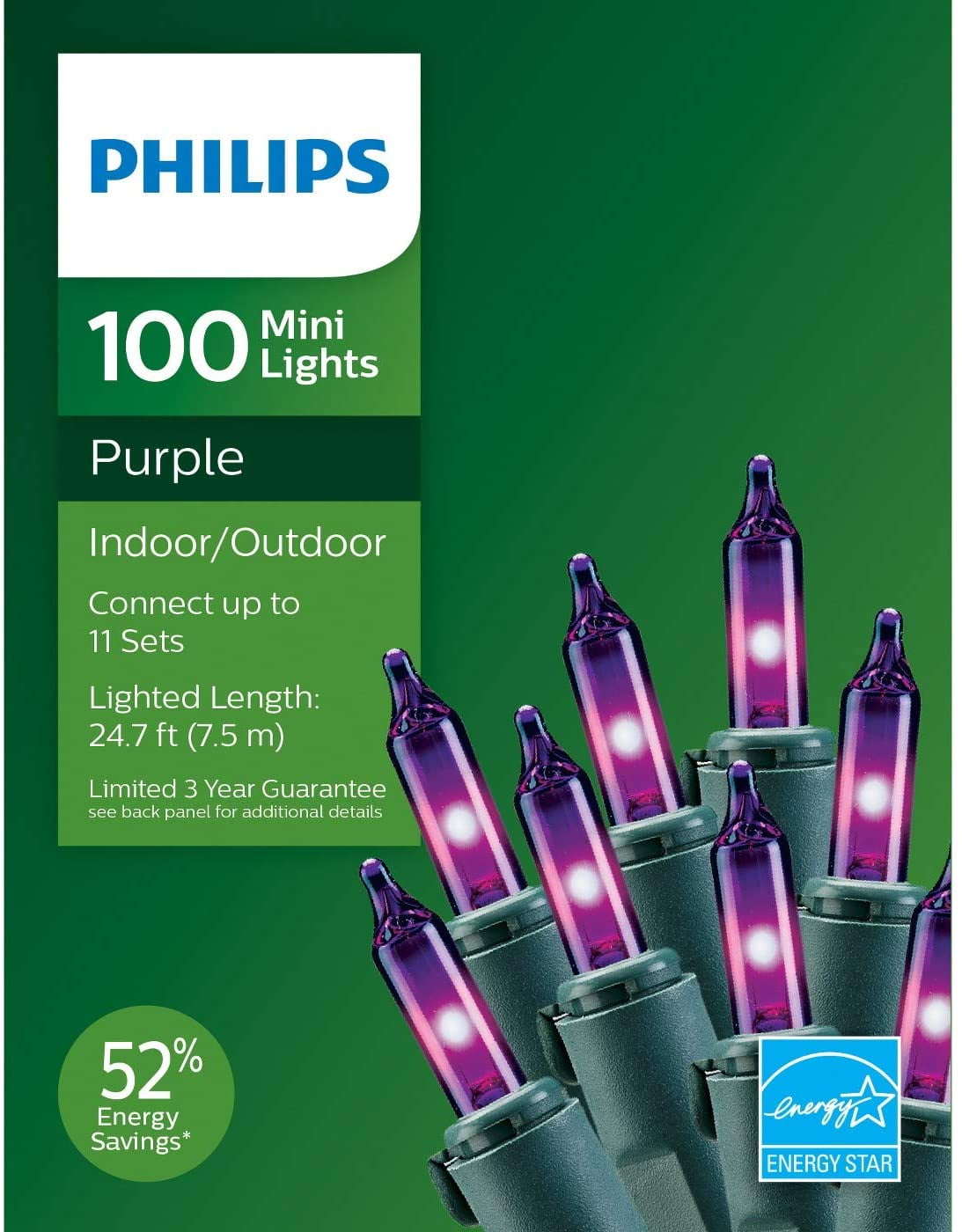 lot of 3  Philips 100 ct Mini Lights 7 Color Multi Purple Blue Green 
