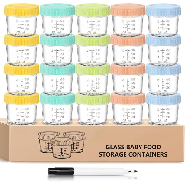 Juego de 20 Recipientes para Congelación de Alimentos, Tarro de Comida Pequeño Reutilizable 4oz, Recipientes para Papillas con Tapas y Marcador, Tarros de Vidrio para Frigor&
