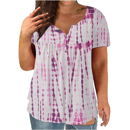 JINMGG Womens Tops Clearance under $5 Women Plus Size V-neck Tie-dye Print Button Short Sleeve Tops T-Shirt Blouse Hot Pink XXXL