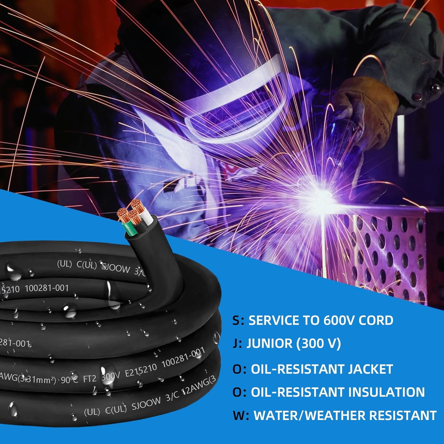 12/3 Wire 12AWG SJOOW Cable,12 Gauge SJOOW Portable Power Cable Cord 3 Conductor 300V 12/3 12 Gauge Electric Wire for NEMA 14-20 AMP EV Car Battery Charger,Motor Lead,LED Light,RV Outlet Box-15FT