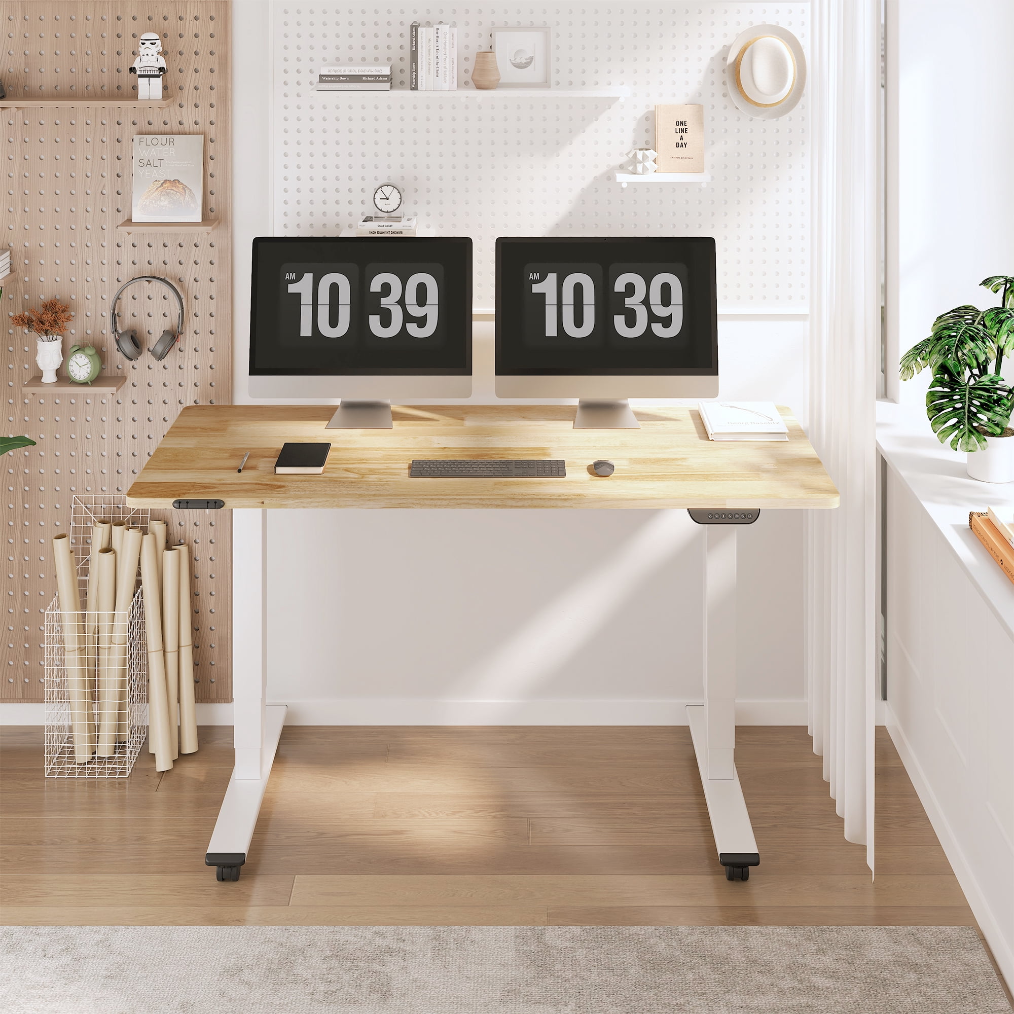 FLEXISPOT E6 55"x24" Dual Motors 3-Stage Standing Desk Solid Wood Home Office Height Adjustable Desk with Wheels, Solid Rubber Wood Desktop and White Frame