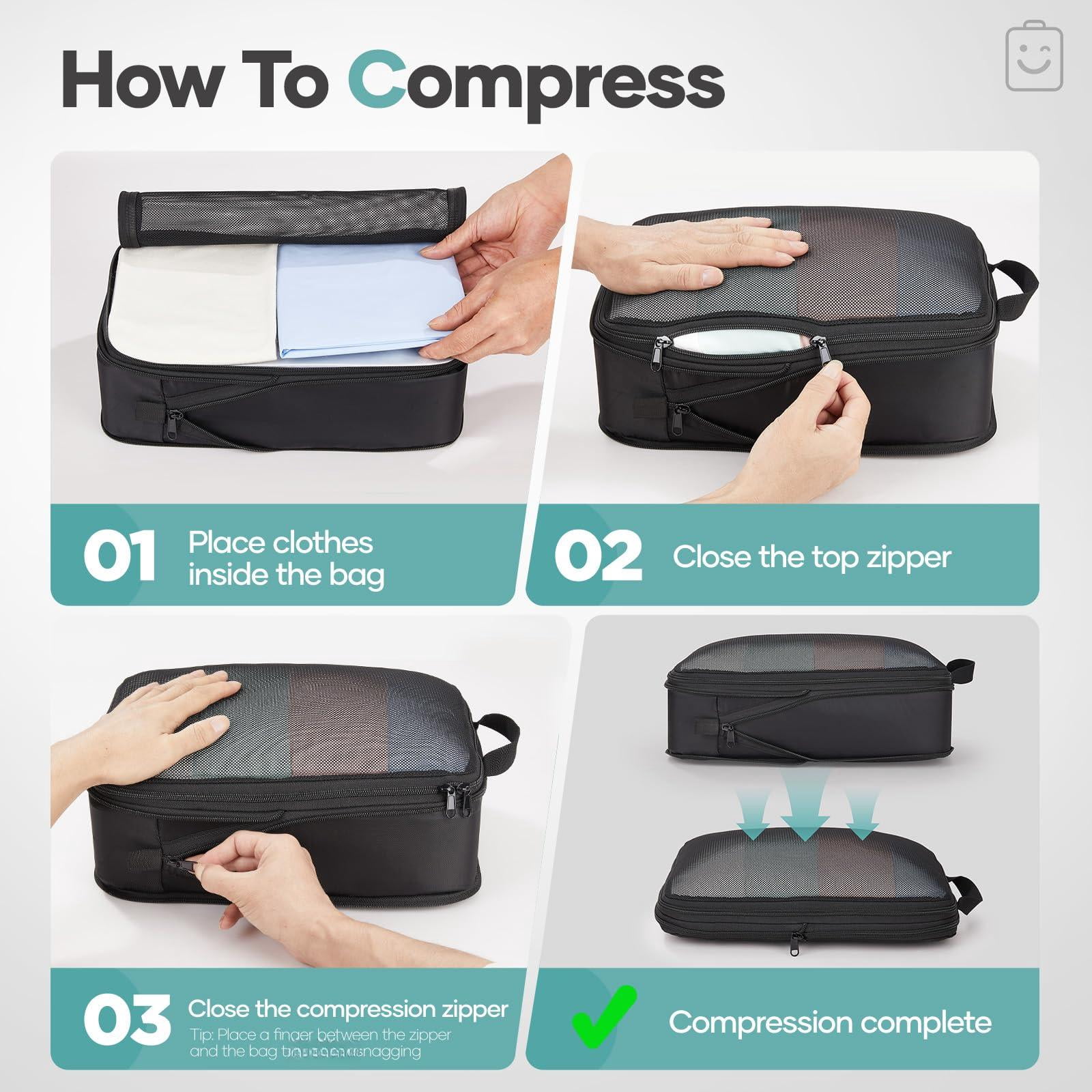 9/11 Set Packing Cubes For Travel Compressible Expandable Large Luggage Suitcase Organizer Bags Clothing Durable Space Saver Storage With Toiletry Bags(black)