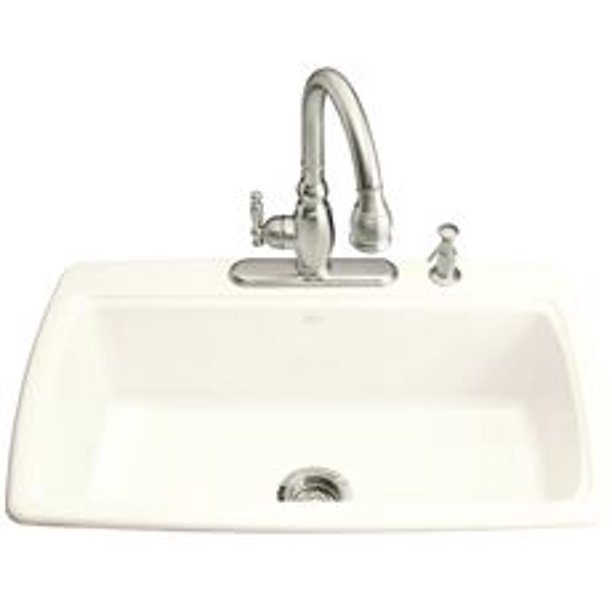 Kohler Cape Dory Top Mount Single Bowl Kitchen Sink With Four-Hole Faucet  Drilling, 33 In. X 22 In. X 9-5/8 In., White