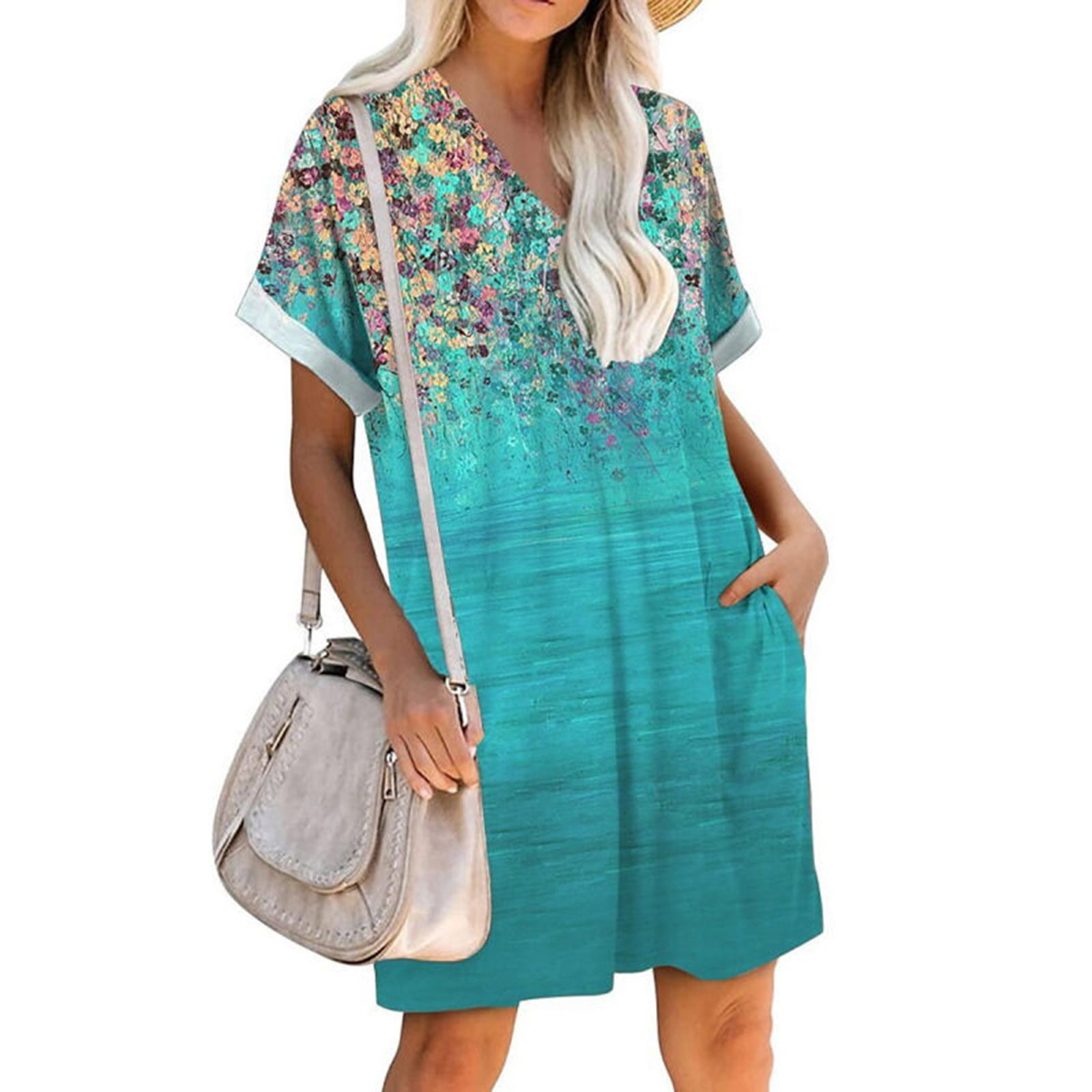 VKEKIEO Womens Summer Dresses Sun Dress VNeck Short Sleeve Printed