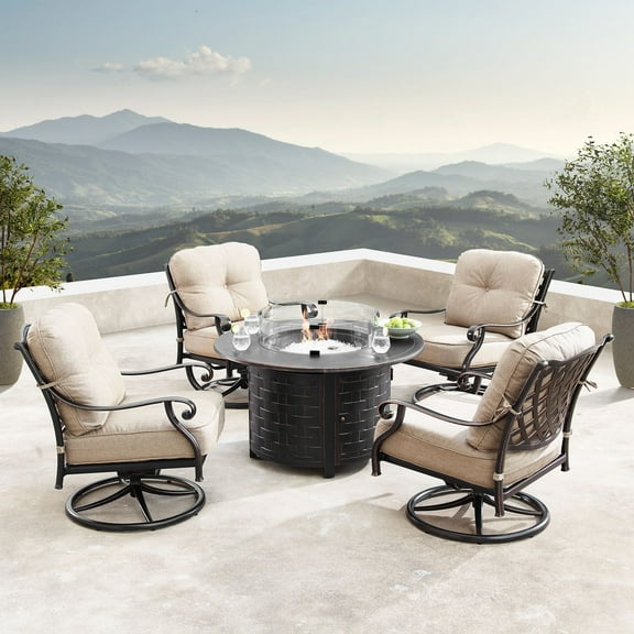 Outdoor Living and Style 5-Piece Brown and Black Outdoor Patio Round Fire Table with Four Swivel