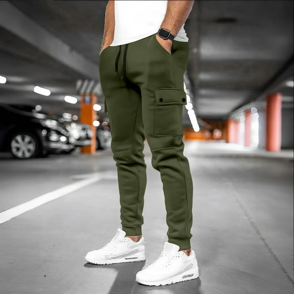 Men's Casual Cargo Pants Workout Joggers Stretch Sweatpants Lounge Athletic Pants Drawstring Pants with Pockets Army Green M