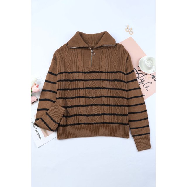 ABPHQTO Jersey de mujer con media cremallera y rayas marrones