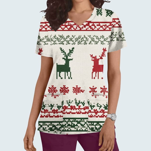 Fiudx Camisas de Mujer Top de Enfermera con Bolsillo y Manga Corta con Estampado Navideño y Cuello En V para Mujer