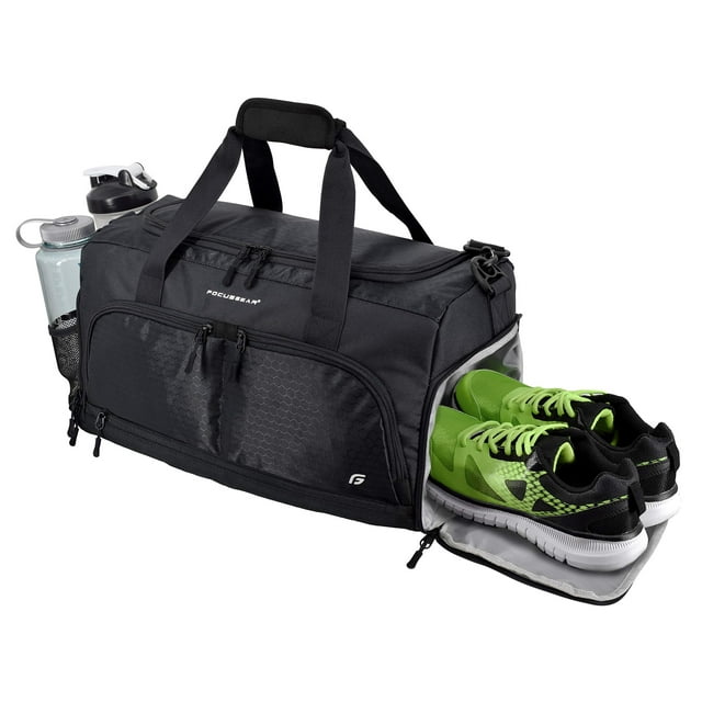 Bolsa de gimnasio FocusGear Ultimate 2.0, duradera, negra, pequeña, con bolsillos