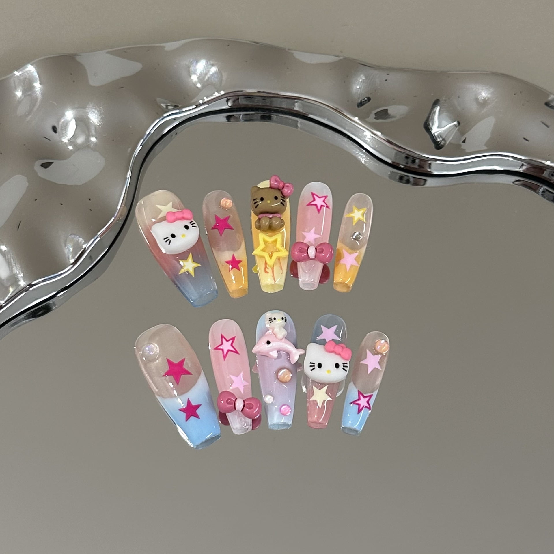 Pure hand-worn nail piece, high-end pink kitt cat manicure, colored pentagram French whitening long nails