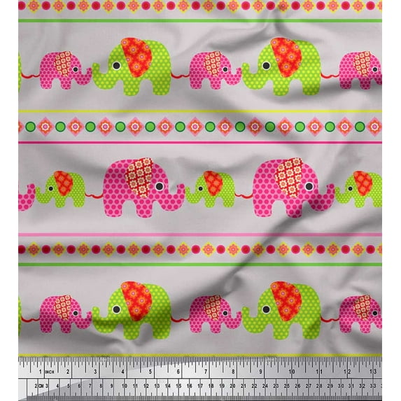 Soimoi Poly Crepe Fabric Geometric Shapes,Stripe & Elephant Kids Print Fabric by The Yard 42 Inch Wide