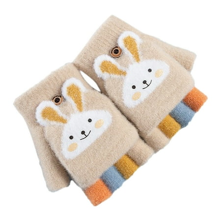 

Boys Snow Gloves Girls Gloves Winter Five Fingers Thickened Students Cute Cartoon Knitted Warm Flip Split Finger Gloves Baby Mittens For Newborns Beige One Size