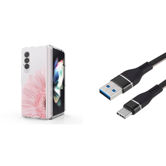 Accessory Bundle for Galaxy Z Fold 4: Slim Snap-On Case (Pink Sunflower), Nylon Braided USB-C to USB-A Cable (3 Feet)
