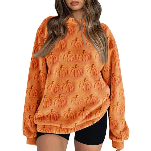 WULMLEO Halloween Ladies Sweatshirts Plus Size Pumpkin Ghost Pullover Tops Crew Neck Fashion Soft Shirts Lightweight Y2k Sweater Long Sleeve Cute Sweaters Saffron 2XL