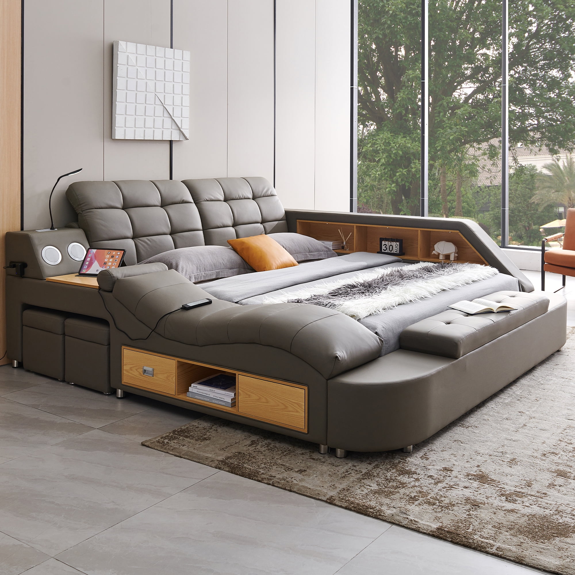 Multifunction Smart King Bed Frame, Upholstered Platform with Massage Recliner, Storage Drawers, Bluetooth Speaker, USB Charging Port, Adjustable Headboard