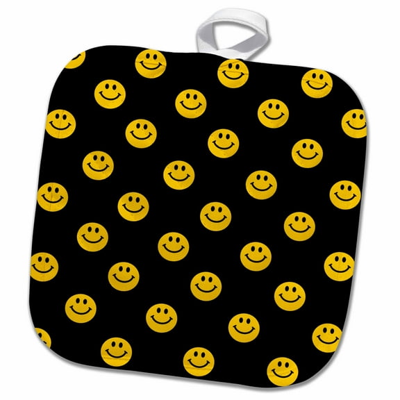 3dRose, Yellow smiling Face pattern on black - Cute smile Happy Smilies - 60s hippie hippy smiling smilings, 8x8 Potholder