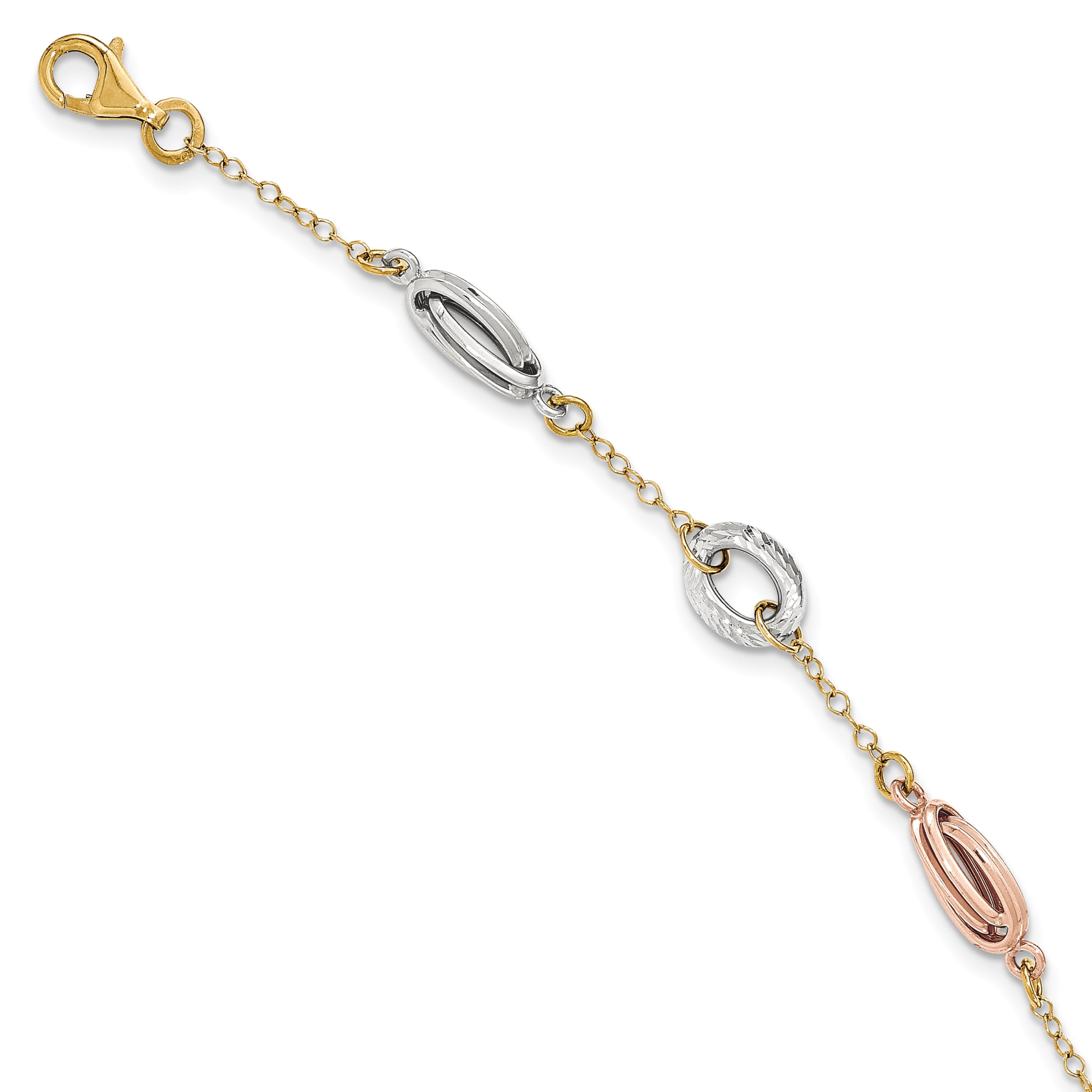 14K Tri Color Gold Tricolor Polished Diamond Cut Fancy Link Bracelet