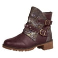 thumbnail image 6 of Rokment Vintage Wide Calf Combat Boots for Women Winter Spring Retro Leather Flower Buckles Chunky Heels Riding Ankle Booties Wine Size 9, 6 of 7