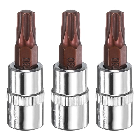 Uxcell 3pcs T30 Torx Bit Socket 1/4 Square Drive Star 6 Point Extension Impact Bit Power Nut Driver Set S2 & CR-V Steel Socket Ratchet Wrench Bits Silver Red