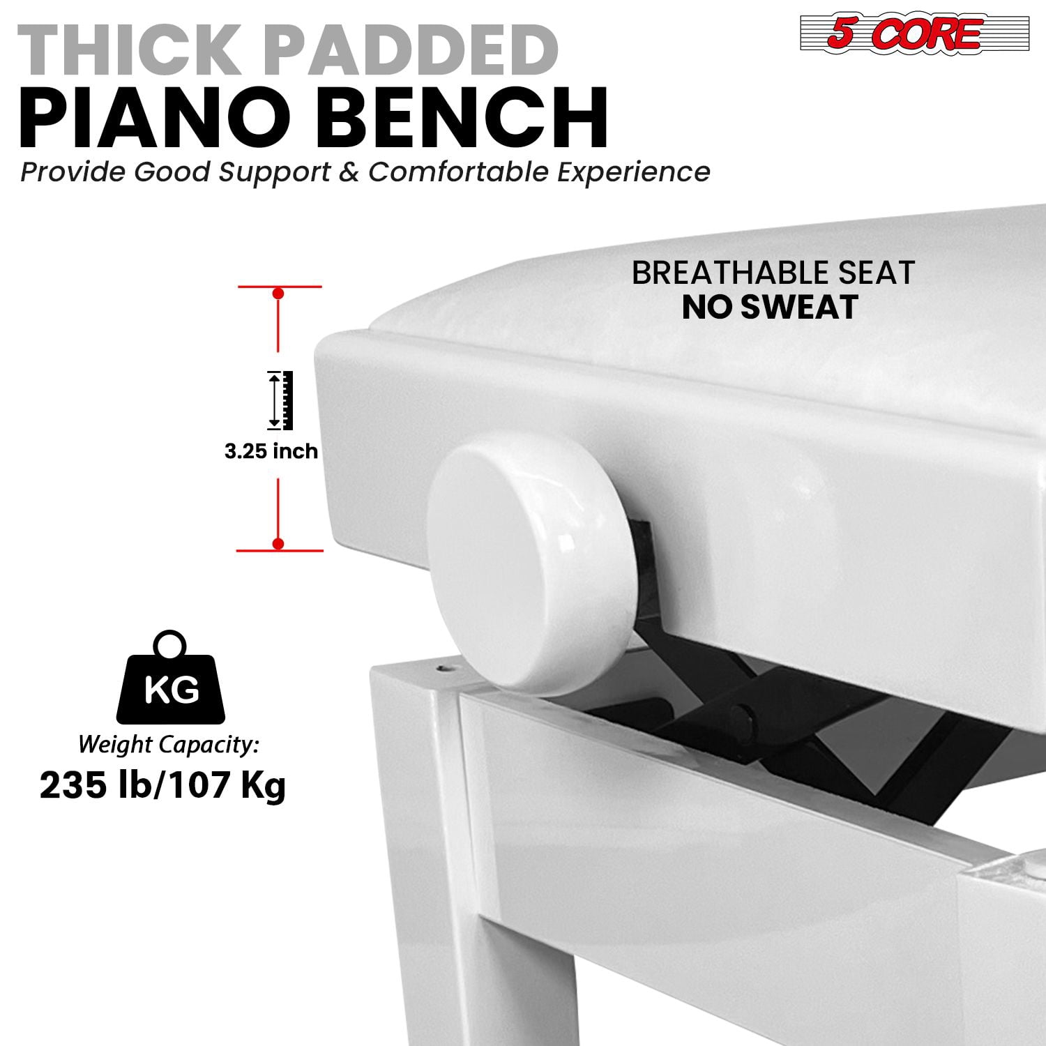 Adjustable Piano Bench Thick 3.25" Solid Wood Keyboard Stool Heavy Duty Musician Chair