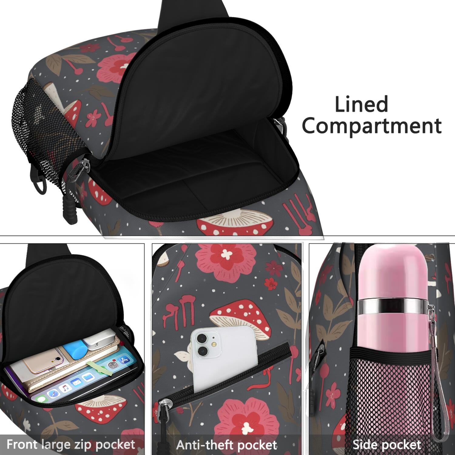 Mushroom Sling Bag for Women Men Hiking Sling Backpack Backpack Purse for Traveling Office Hiking Sling Pack Trendy Sling Backpack