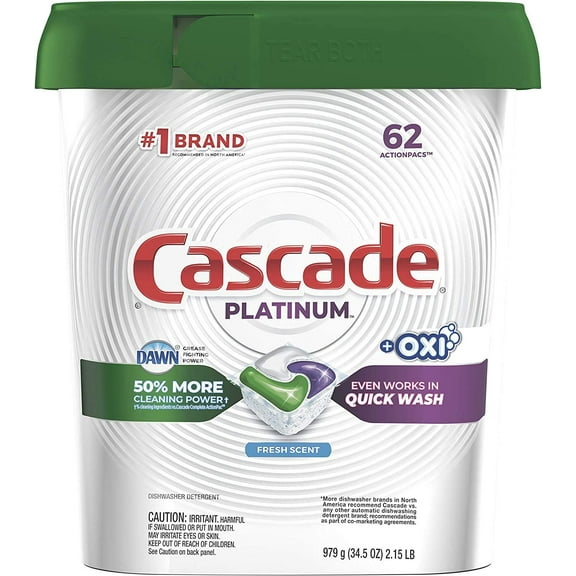 Cascade Platinum Dishwasher Pods, Actionpacs   Oxi Dishwasher Detergent, Fresh, 62 Count