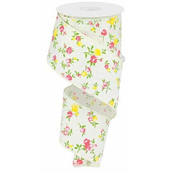 Floral Spring Easter Wired Edge Ribbon, Ivory Pink 2.5 inches x 10 Yards,
