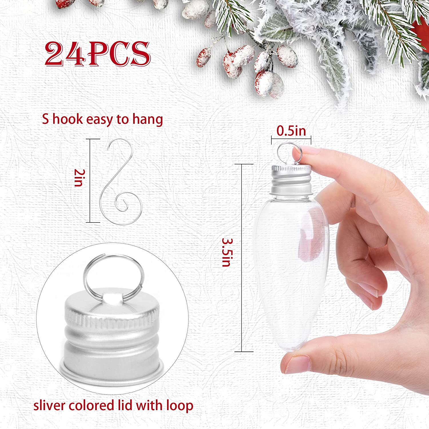EBAOKUUP 24 PCS Christmas Booze Balls, Fillable Booze Tree Ornaments with S Hook, Light Bulb Ornaments for Crafts, Clear Plastic Xmas Decoration Boozes Ball for Xmas Home Party Decor