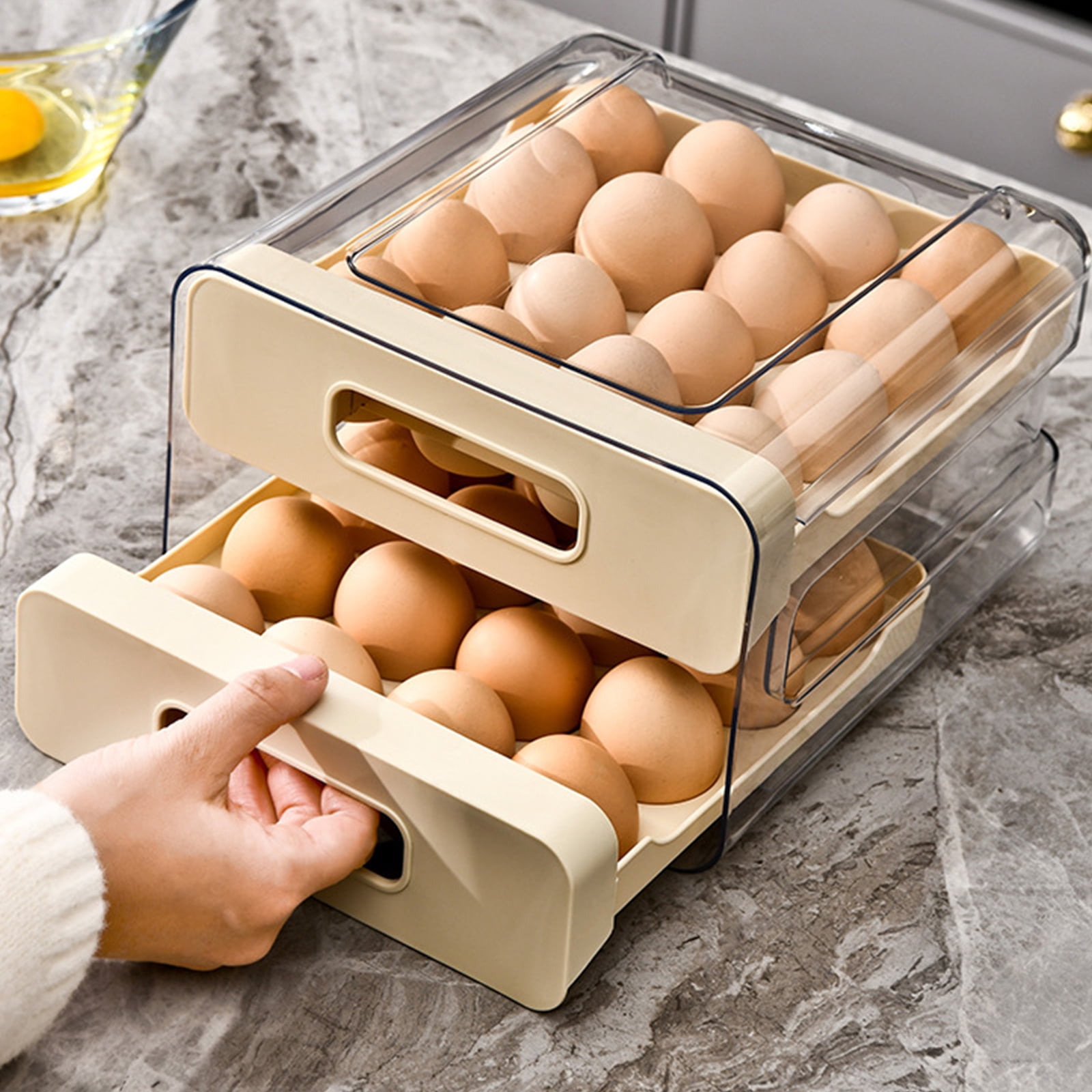 32 Eggs Container Holders Dispenser for Refrigerator 2 Tiers Clear Stackable Eggs Holder Tray with Drawer for Fridge