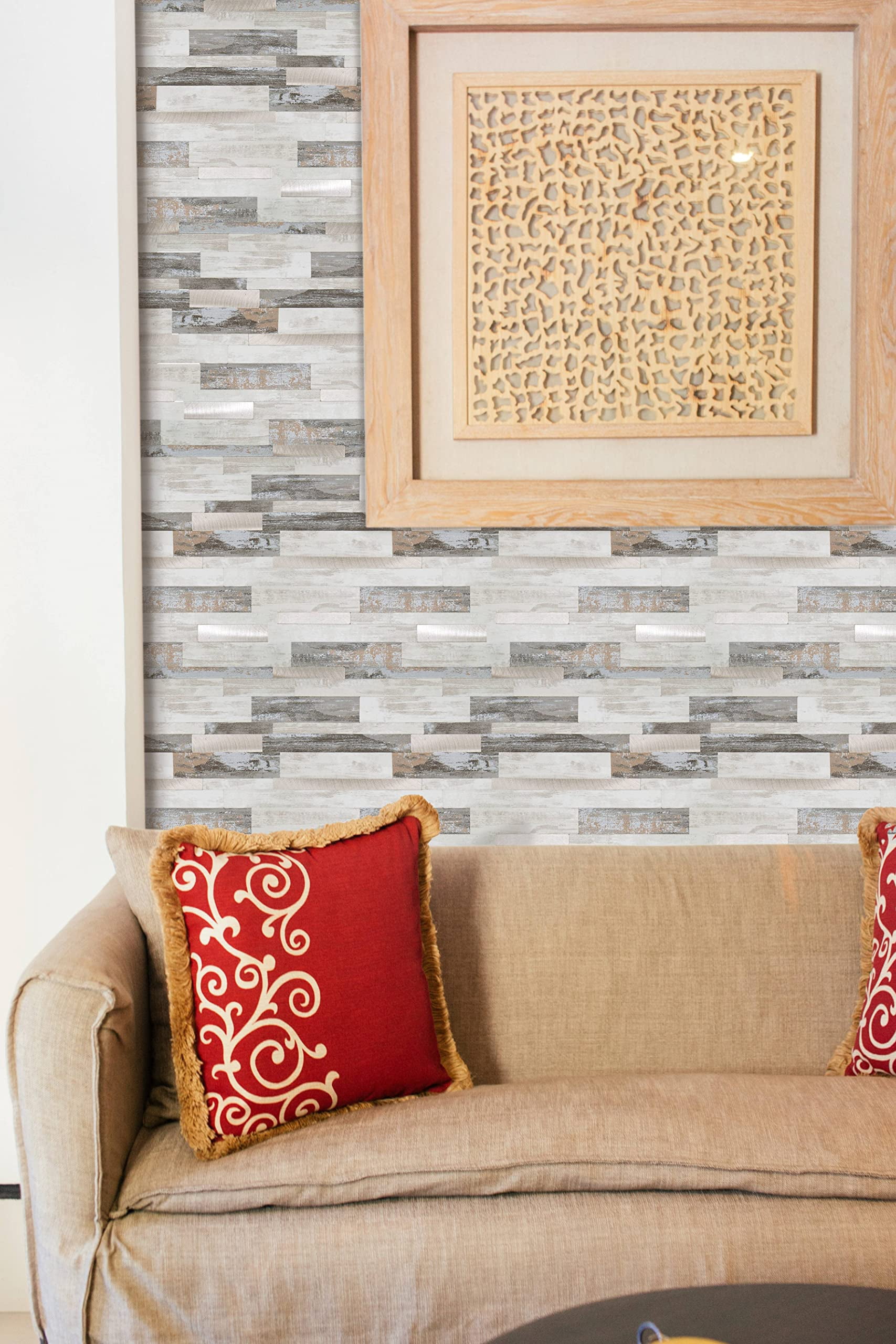 Peel And Stick Marble Backsplash Tile  10 Sheets Collage With Printed Stone Pattern Self-adhesive Wall For Kitchen Bathroom Fireplace Rv (11.8" X 14")