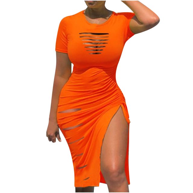 QIPOPIQ Robes pour Femmes Longue Robe Fluide à Volants Manches Courtes Tendance Col Rond Trou Robe d'Été Décontractée Robes Aguichant Jupe Longue 2023 Offres