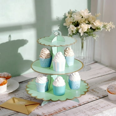 Efavormart 3 Tier - 13" Mint Cardboard Cupcake Stand - Gold Scalloped Edge Dessert Tower & Food Display Stand