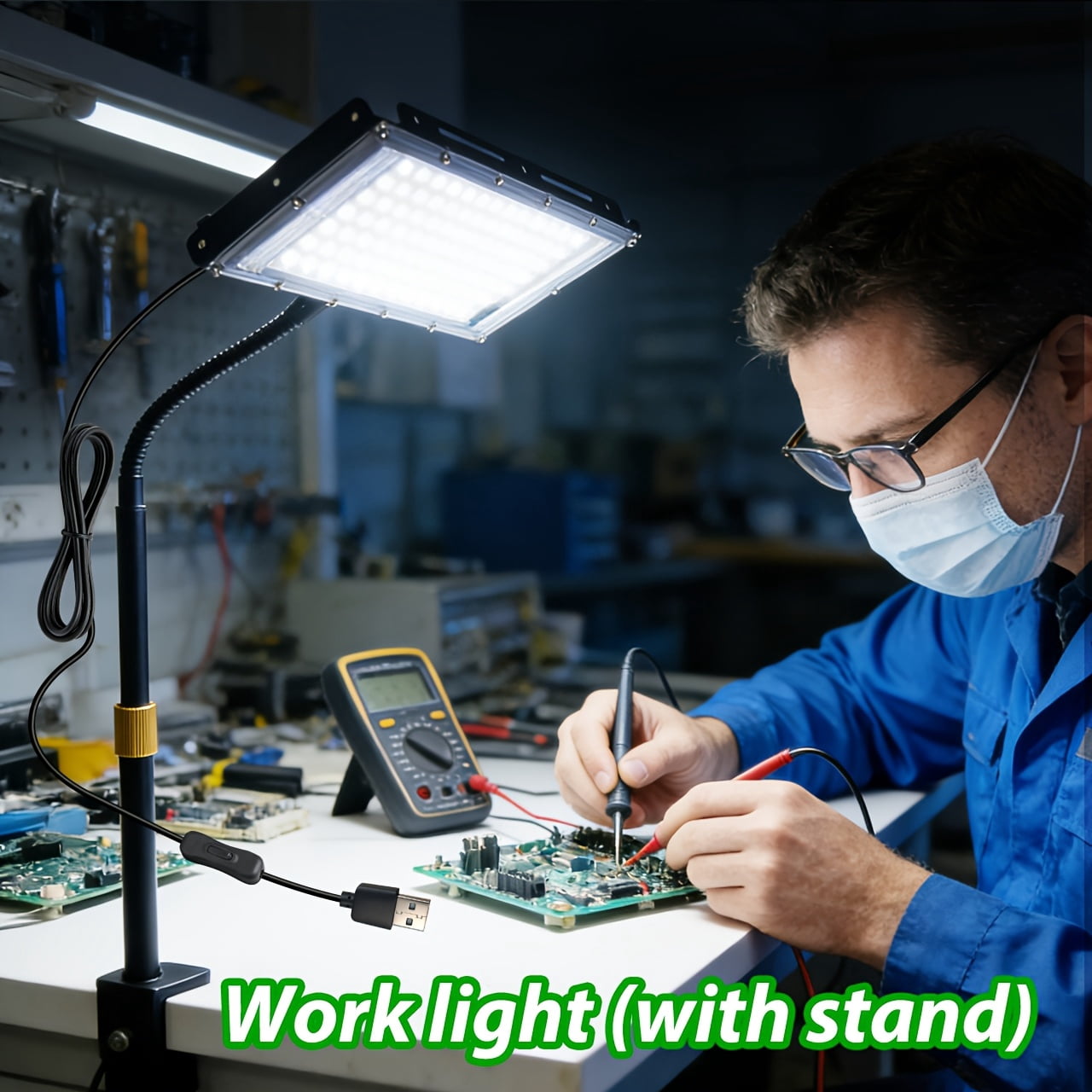 Clamp-Style USB LED Workbench Lamp, 144/96 White Light Beads, 6000K Daylight White, Adjustable Height & Angle, USB Plug with Switch, 59.06inch Power Cord, Plug-and-Play for Office Workshop Lighting