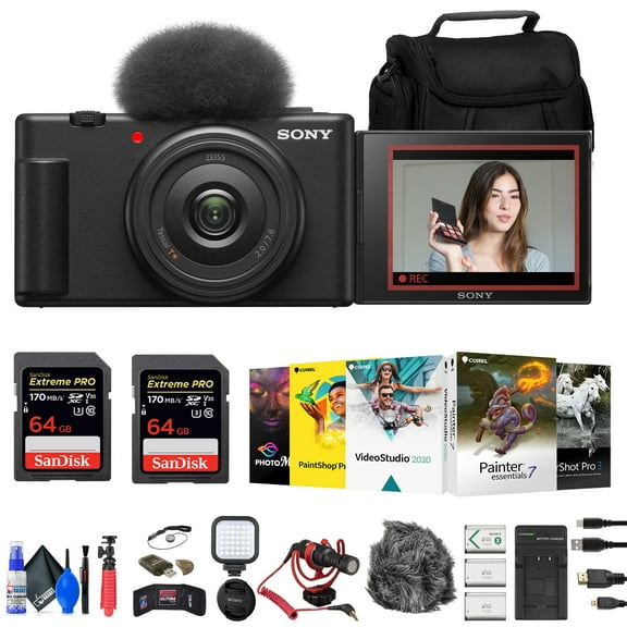 Sony ZV-1F Vlogging Camera (Black) (ZV1F/B) Bundle with 64GB Card, Case and Tripod (International Model)