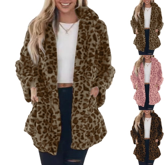 Yucgh Women's Winter Thickened Double-Sided Velvet Stand Collar Loose Leopard Print Plush Zipper Jacket, Fashionable and Warm Coat for Women, Comfortable Fit,L