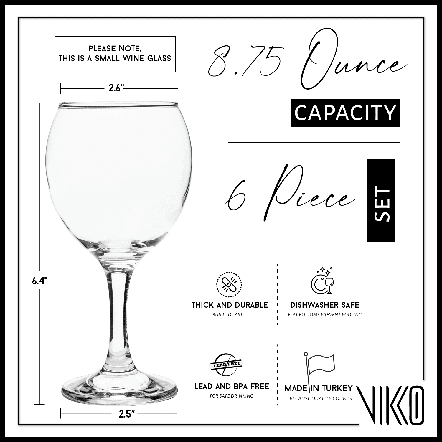 LAV 8.75 Ounce Wine Glasses | Misket Collection  Thick and Durable  Dishwasher Safe  Perfect for Parties, Weddings, and Everyday  Great Gift Idea  Set of 6 Small Wine Glasses